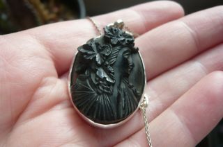 Victorian Carved Bacchus Whitby Jet Cameo And Silver Pendant With Silver Chain