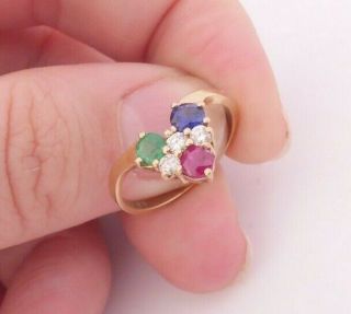 9ct Gold Diamond,  Emerald,  Ruby & Sapphire Wishbone Ring,  Designer 9k 375