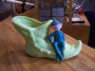 Vtg 1950s Gilner? Ceramic Elf Pixie Green Shoe Boot Vase Planter