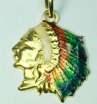 Handsome 14k Yellow Gold Multi - Color Enamel " Indian Chief " Head Charm.  3.  1gm