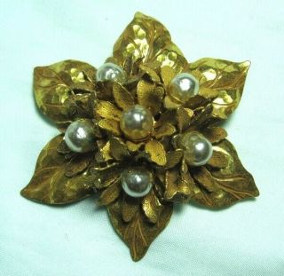Miriam Haskell Gp Floral Pin W Costume Pearls 3 1/8” Diameter
