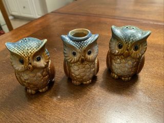 Glazed Owl Salt/pepper Shakers W/ Matching Toothpick Holder -