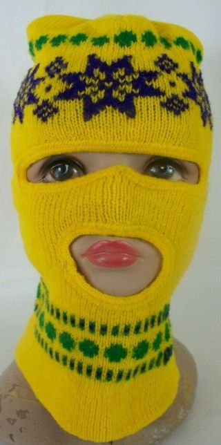 Vintage Ski Mask Full Face Robber Style 3 Hole Knitted Hat Cap Yellow & Purple