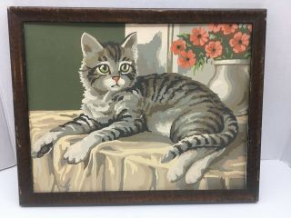 Vintage Framed Paint By Number 10” High X 13” Wide Gray Kitten Cat Flowers