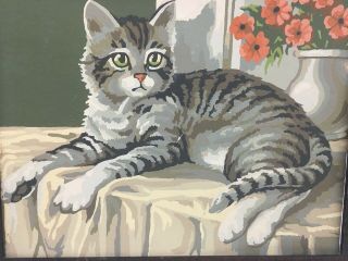 VINTAGE Framed Paint By Number 10” High X 13” Wide Gray Kitten CAT Flowers 2