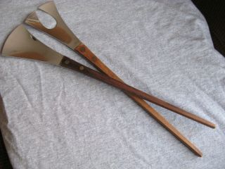 Mid Century Modern Stainless Salad Servers With Wood Handles 13 1/4 "