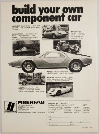 1976 Print Ad Fiberfab Kit Cars Build Your Own Aztec 7 & Five Other Models