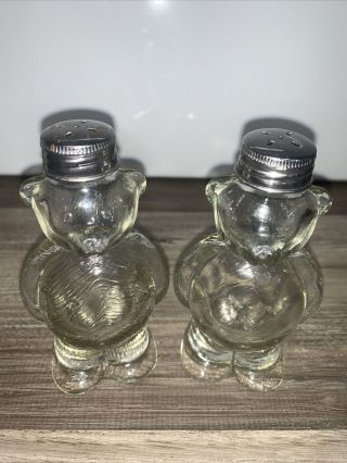Vintage Clear Glass Teddy Bear Salt And Pepper Shaker Set Pressed Glass