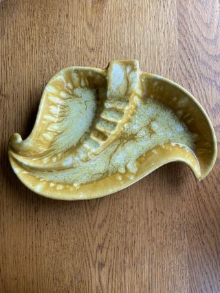 Vintage Mcm Pottery Ceramic Ashtray Retro Yellow Amber Trinket Tray Leaf