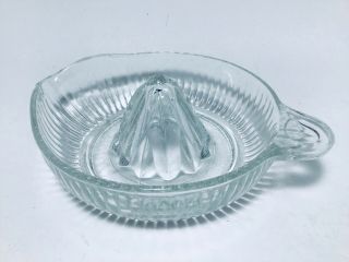 Vintage Large Heavy Ribbed Clear Glass Hand Citrus Juicer Reamer W/tab Handle 8”