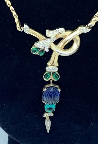 Trifari Moghul Jewels Melon Cut Sapphire Teardrop Emerald Pendant Necklace As - Is