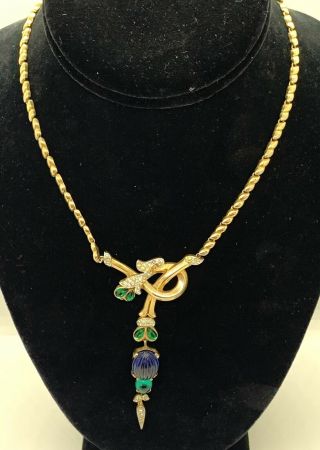 Trifari Moghul Jewels Melon Cut Sapphire Teardrop Emerald Pendant Necklace As - Is 2