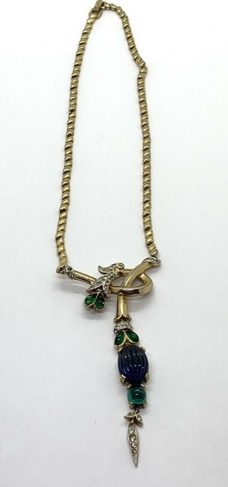 Trifari Moghul Jewels Melon Cut Sapphire Teardrop Emerald Pendant Necklace As - Is 3