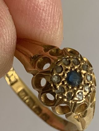 Pretty Victorian 18ct Gold Sapphire & Rose Diamond Set Cluster Ring