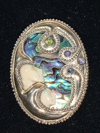 Vintage Signed Sajen 925 Sterling Silver Goddess Face & Gemstones Pendant Brooch