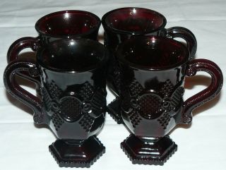 Set Of 4 Avon 1876 Cape Cod Ruby Red Glass Footed Pedestal Coffee Mugs Euc