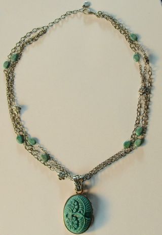 Pretty Barse Sterling Silver Carved Turquoise Pendant On Flower And Bead Chains