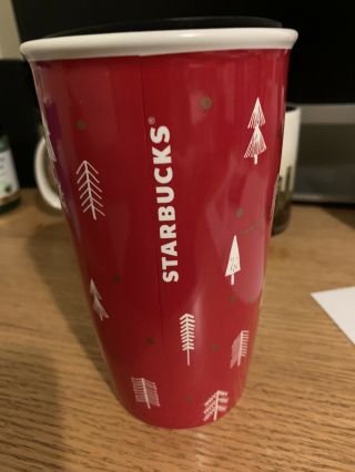 Starbucks 2018 Red Tree Holiday Ceramic Tumbler Travel Coffee Mug 12 Oz Guc