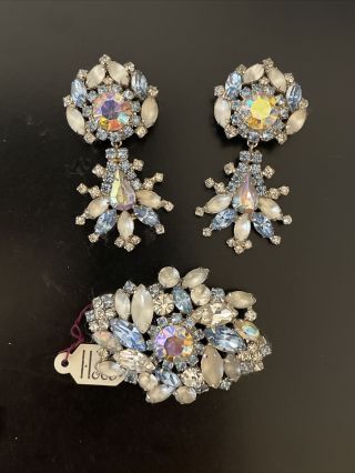 Vtg Signed Hobe Demi Parure Blue,  Clear & Frosted Ab Rhinestones W/original Tags