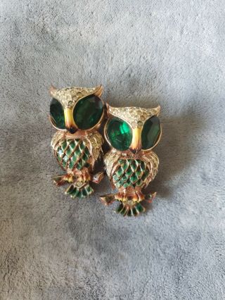 Art Deco Sterling Silver Green,  Clear Rhinestone Enamel Coro Owl Duette Fur Clip