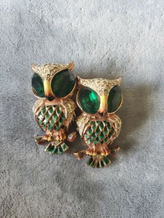Art deco sterling silver green,  clear rhinestone enamel Coro Owl duette fur clip 2