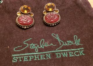 Stephen Dweck,  Clip On Earrings.  Main Stone Carved (carnelian?)