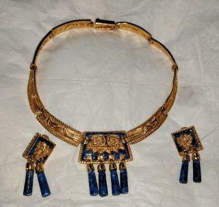 Mcm Salvador Teran Marbel Lapis Mexico 22k Gold Plate Mayan Necklace Earrings