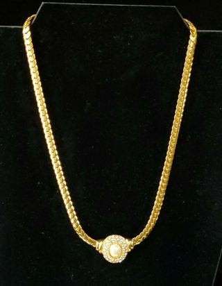 Christian Dior Vintage Gold Tone Rhinestone Faux Pearl Necklace Signed