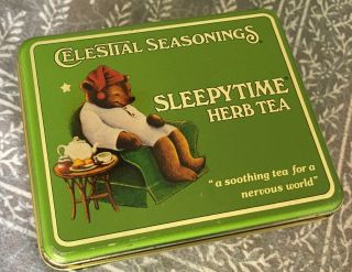 1982 Celestial Seasoning Tin Sleepytime Herb Tea W Adorable Sleepy Bear Graphics