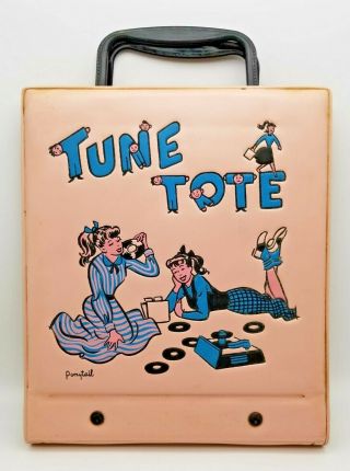 Vintage 1950s Pink Vinyl Ponytail Tune Tote 45 Record Carry Case W/ 6 Records