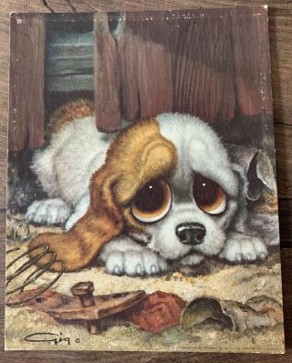 Vintage 1960s Gig Pity Puppy Picture Sad Big Eye Dog Art Print D.  A.  C.  N.  Y.