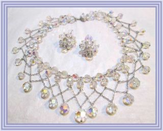 Sherman Clear Ab - Spider Web Motif - Faceted Crystal Bead Bib Necklace Set Nr