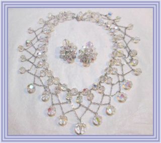 Sherman CLEAR AB - SPIDER WEB MOTIF - FACETED CRYSTAL BEAD BIB NECKLACE SET NR 2