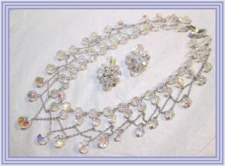 Sherman CLEAR AB - SPIDER WEB MOTIF - FACETED CRYSTAL BEAD BIB NECKLACE SET NR 3
