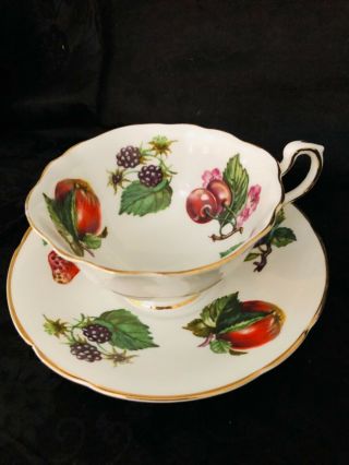 Vintage Crownford Fine Bone China Tea Cup And Saucer Fruits And Berries