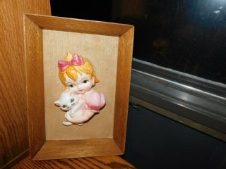 Girl Holding White Kitten Vintage Mid Century Picture 3d Ceramic In Wood Frame