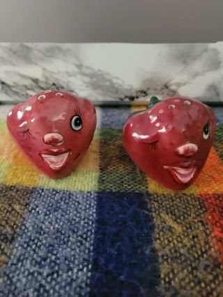 Vintage Anthropomorphic Py Winking Strawberry Salt And Pepper Shakers Japan