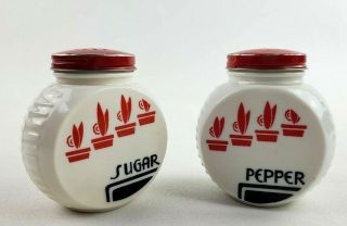 Vtg White Milk Glass Sugar & Pepper Shakers Ribbed Bee Hive White Black & Red