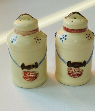 Vintage Shawnee Pottery Milkcan Salt & Pepper Shakers With Stickers