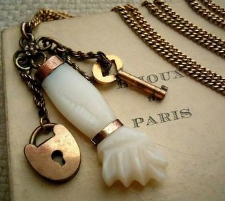 Antique Carved Shell Figa Gold Fill Fob Heart Padlock Charm & Key Necklace