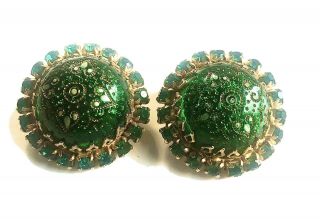 Vintage Signed Hattie Carnegie Emerald Green Art Glass Clip Earrings Rare