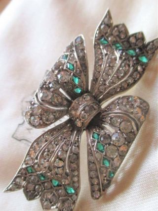 Large Sterling Silver Art Deco Bow Brooch With Diamond Emerald Paste