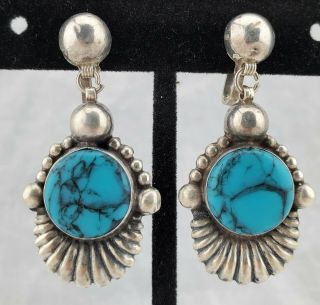 Vintage Old Pawn Mexico Sterling Silver & Turquoise Dangling Earrings Screw Back