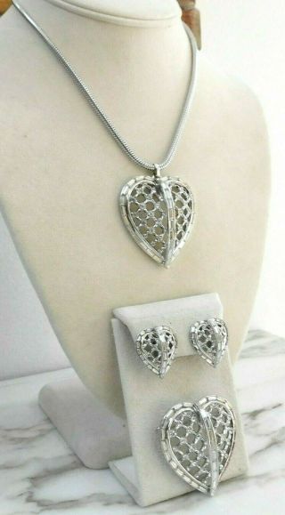 Vintage Crown Trifari Alfred Philippe 1953 Heart Necklace Earrings Brooch Set