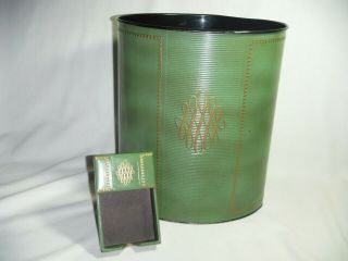Vtg Faux Leather Wrapped Metal Trash Can Waste & Note Pad Holder Green Gold