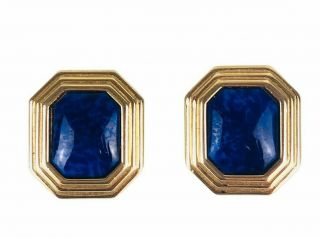 Christian Dior Signed Earrings Clip On Blue Lapis Color Gold Tone Vintage