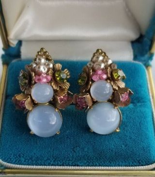 Vintage Miriam Haskell Goldtone Multicolor Rhinestones Pearl Clip Earrings