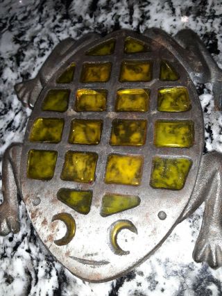 Vintage Cast Iron Metal Stained Glass Trivet Frog