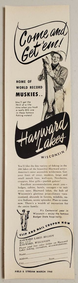 1948 Print Ad Hayward Lakes Wisconsin Home Of World Record Muskies Fishing