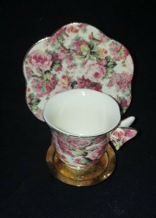 A Special Place Demitasse Cup & Saucer,  Pink Floral Motif With Butterfly Handle